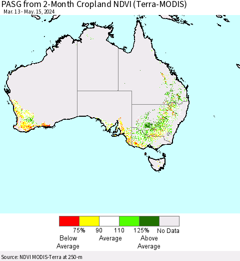 Australia PASG from 2-Month Cropland NDVI (Terra-MODIS) Thematic Map For 5/8/2024 - 5/15/2024