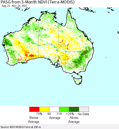 Australia PASG from 3-Month NDVI (Terra-MODIS) Thematic Map For 11/9/2021 - 11/16/2021