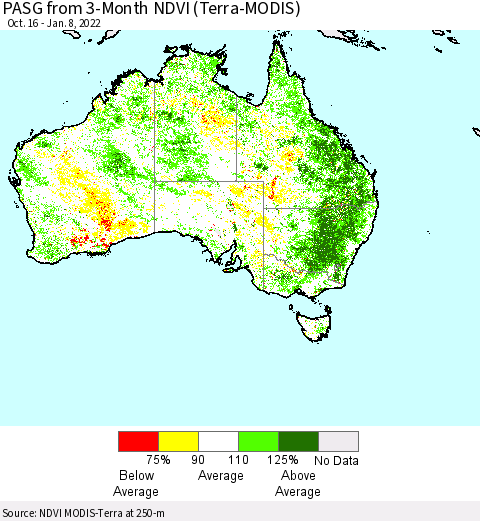 Australia PASG from 3-Month NDVI (Terra-MODIS) Thematic Map For 1/1/2022 - 1/8/2022