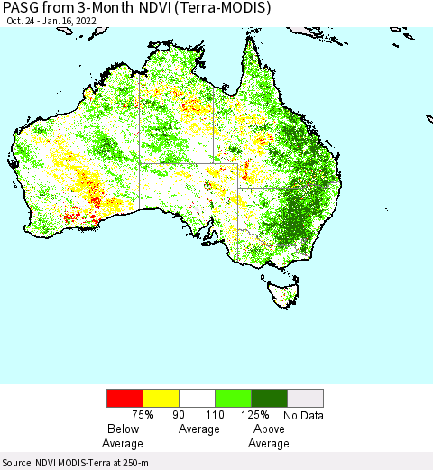 Australia PASG from 3-Month NDVI (Terra-MODIS) Thematic Map For 1/9/2022 - 1/16/2022