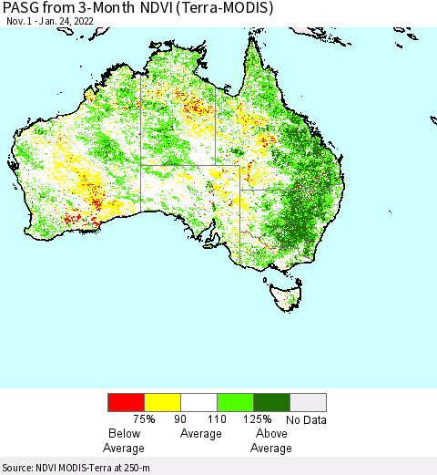 Australia PASG from 3-Month NDVI (Terra-MODIS) Thematic Map For 1/17/2022 - 1/24/2022