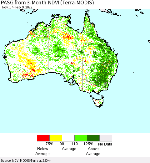 Australia PASG from 3-Month NDVI (Terra-MODIS) Thematic Map For 2/2/2022 - 2/9/2022