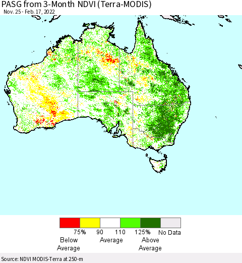 Australia PASG from 3-Month NDVI (Terra-MODIS) Thematic Map For 2/10/2022 - 2/17/2022