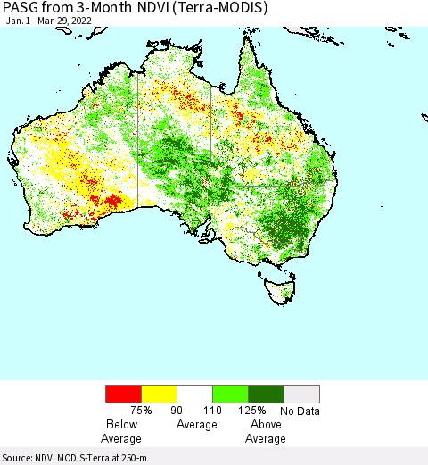 Australia PASG from 3-Month NDVI (Terra-MODIS) Thematic Map For 3/22/2022 - 3/29/2022