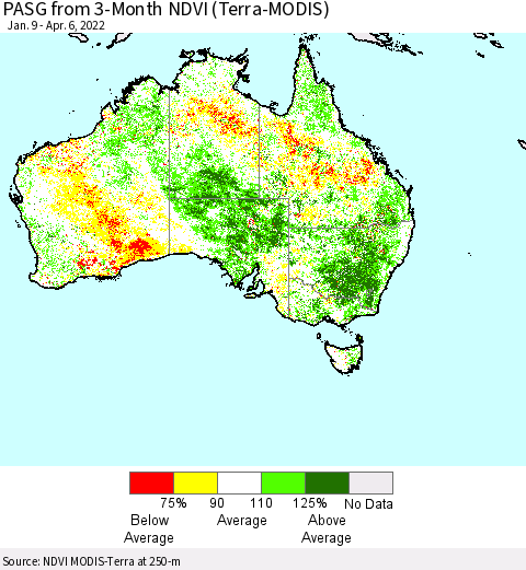 Australia PASG from 3-Month NDVI (Terra-MODIS) Thematic Map For 3/30/2022 - 4/6/2022
