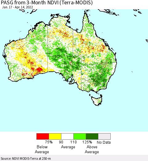 Australia PASG from 3-Month NDVI (Terra-MODIS) Thematic Map For 4/7/2022 - 4/14/2022