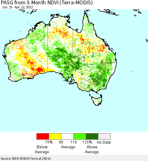 Australia PASG from 3-Month NDVI (Terra-MODIS) Thematic Map For 4/15/2022 - 4/22/2022