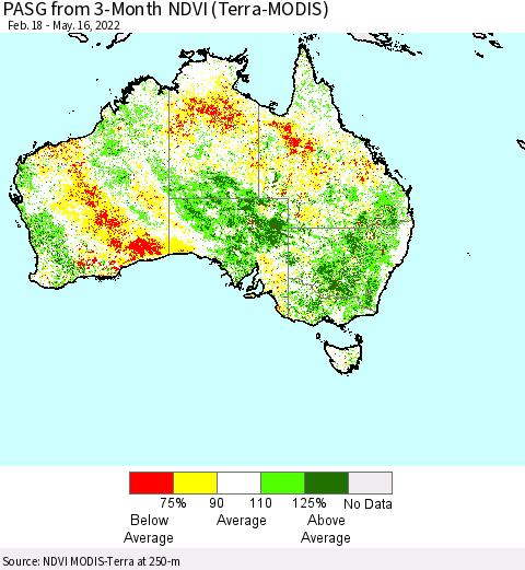 Australia PASG from 3-Month NDVI (Terra-MODIS) Thematic Map For 5/9/2022 - 5/16/2022