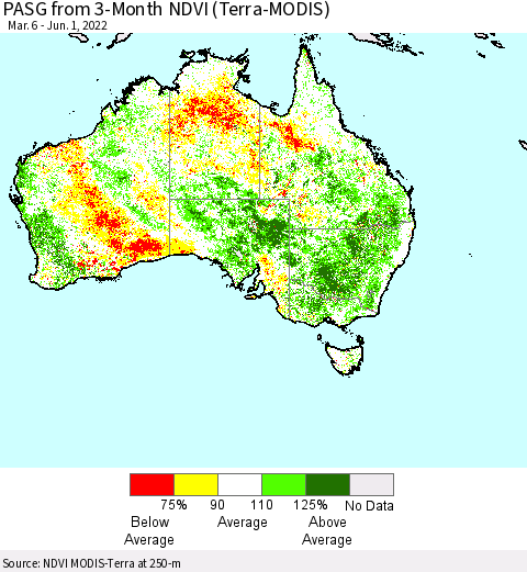Australia PASG from 3-Month NDVI (Terra-MODIS) Thematic Map For 5/25/2022 - 6/1/2022