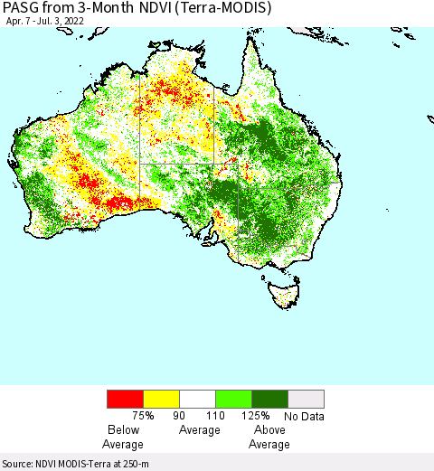 Australia PASG from 3-Month NDVI (Terra-MODIS) Thematic Map For 6/26/2022 - 7/3/2022