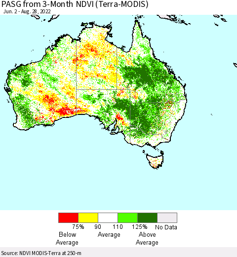 Australia PASG from 3-Month NDVI (Terra-MODIS) Thematic Map For 8/21/2022 - 8/28/2022