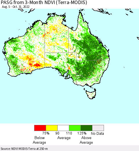 Australia PASG from 3-Month NDVI (Terra-MODIS) Thematic Map For 10/24/2022 - 10/31/2022