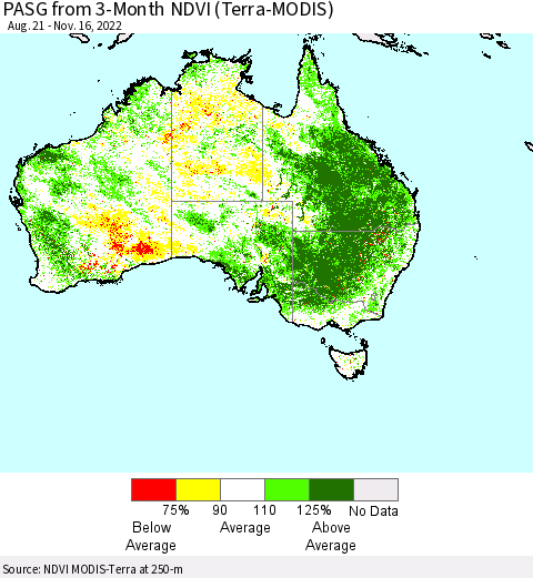 Australia PASG from 3-Month NDVI (Terra-MODIS) Thematic Map For 11/9/2022 - 11/16/2022