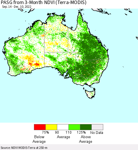 Australia PASG from 3-Month NDVI (Terra-MODIS) Thematic Map For 12/3/2022 - 12/10/2022