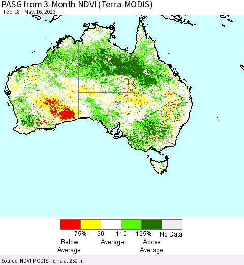 Australia PASG from 3-Month NDVI (Terra-MODIS) Thematic Map For 5/9/2023 - 5/16/2023