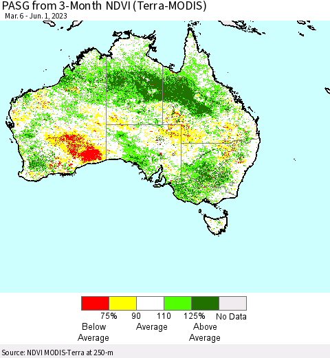 Australia PASG from 3-Month NDVI (Terra-MODIS) Thematic Map For 5/25/2023 - 6/1/2023