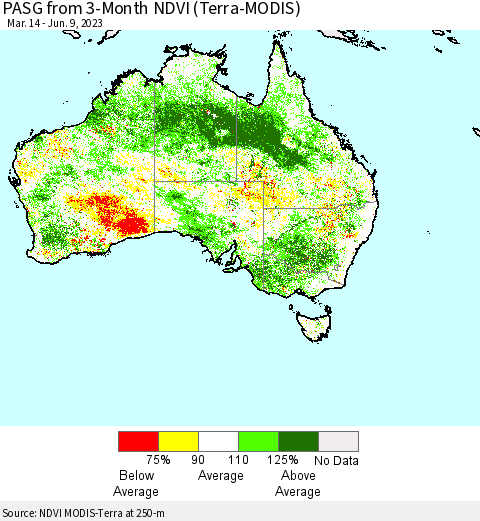 Australia PASG from 3-Month NDVI (Terra-MODIS) Thematic Map For 6/2/2023 - 6/9/2023