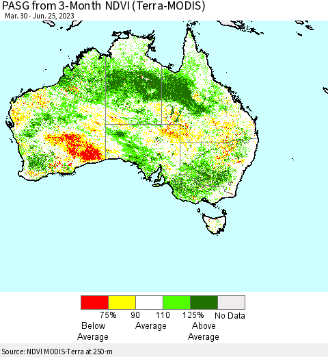 Australia PASG from 3-Month NDVI (Terra-MODIS) Thematic Map For 6/18/2023 - 6/25/2023