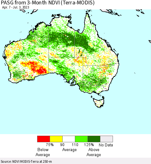 Australia PASG from 3-Month NDVI (Terra-MODIS) Thematic Map For 6/26/2023 - 7/3/2023