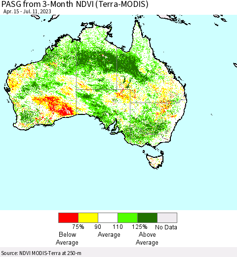 Australia PASG from 3-Month NDVI (Terra-MODIS) Thematic Map For 7/4/2023 - 7/11/2023