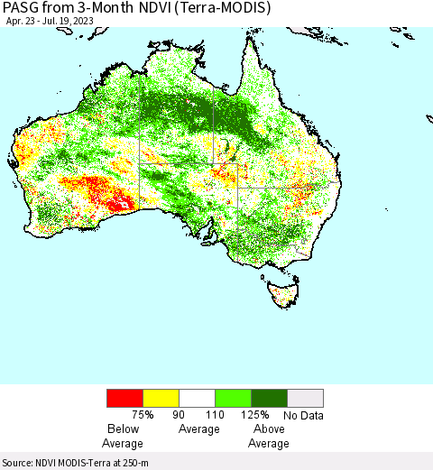Australia PASG from 3-Month NDVI (Terra-MODIS) Thematic Map For 7/12/2023 - 7/19/2023