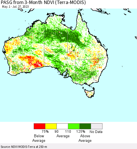 Australia PASG from 3-Month NDVI (Terra-MODIS) Thematic Map For 7/20/2023 - 7/27/2023