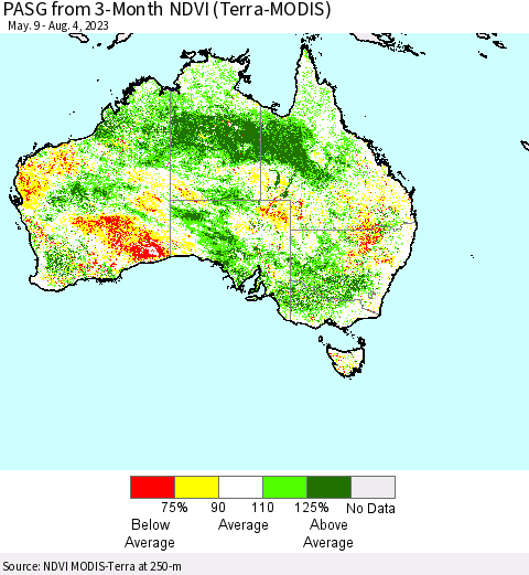 Australia PASG from 3-Month NDVI (Terra-MODIS) Thematic Map For 7/28/2023 - 8/4/2023
