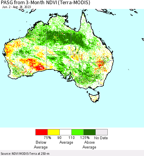 Australia PASG from 3-Month NDVI (Terra-MODIS) Thematic Map For 8/21/2023 - 8/28/2023