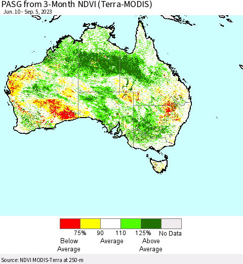 Australia PASG from 3-Month NDVI (Terra-MODIS) Thematic Map For 8/29/2023 - 9/5/2023