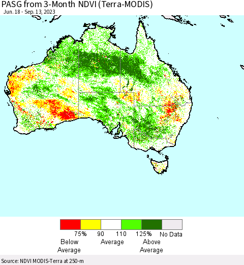 Australia PASG from 3-Month NDVI (Terra-MODIS) Thematic Map For 9/6/2023 - 9/13/2023
