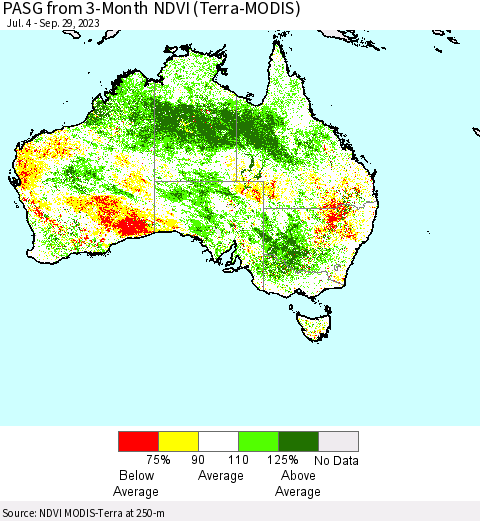 Australia PASG from 3-Month NDVI (Terra-MODIS) Thematic Map For 9/22/2023 - 9/29/2023