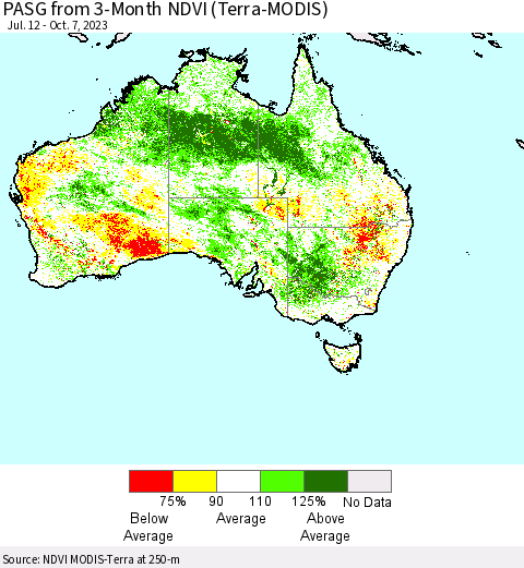 Australia PASG from 3-Month NDVI (Terra-MODIS) Thematic Map For 9/30/2023 - 10/7/2023