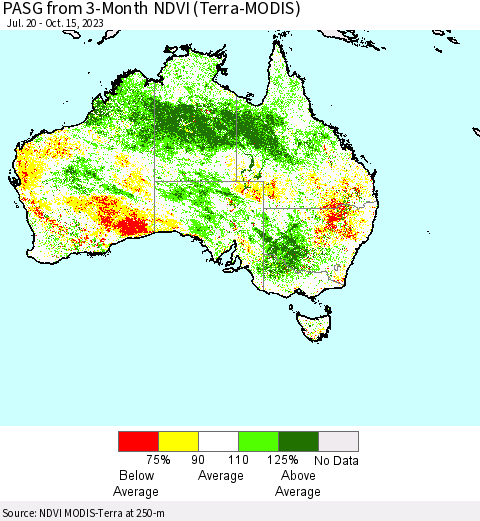 Australia PASG from 3-Month NDVI (Terra-MODIS) Thematic Map For 10/8/2023 - 10/15/2023