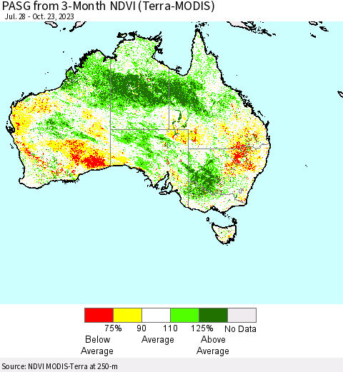 Australia PASG from 3-Month NDVI (Terra-MODIS) Thematic Map For 10/16/2023 - 10/23/2023