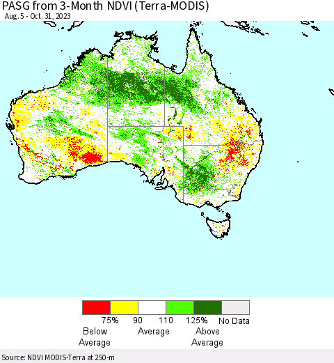 Australia PASG from 3-Month NDVI (Terra-MODIS) Thematic Map For 10/24/2023 - 10/31/2023