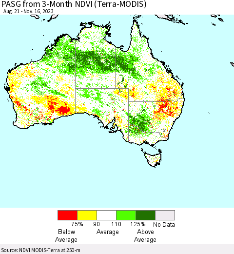 Australia PASG from 3-Month NDVI (Terra-MODIS) Thematic Map For 11/9/2023 - 11/16/2023
