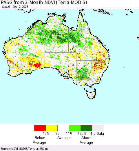 Australia PASG from 3-Month NDVI (Terra-MODIS) Thematic Map For 11/25/2023 - 12/2/2023