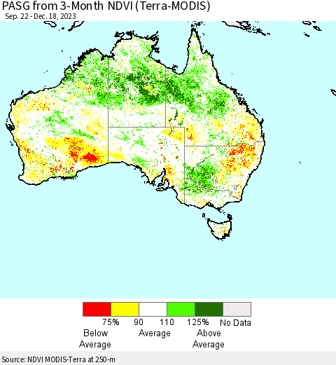 Australia PASG from 3-Month NDVI (Terra-MODIS) Thematic Map For 12/11/2023 - 12/18/2023