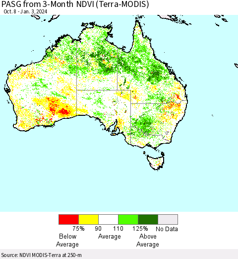 Australia PASG from 3-Month NDVI (Terra-MODIS) Thematic Map For 12/27/2023 - 1/3/2024