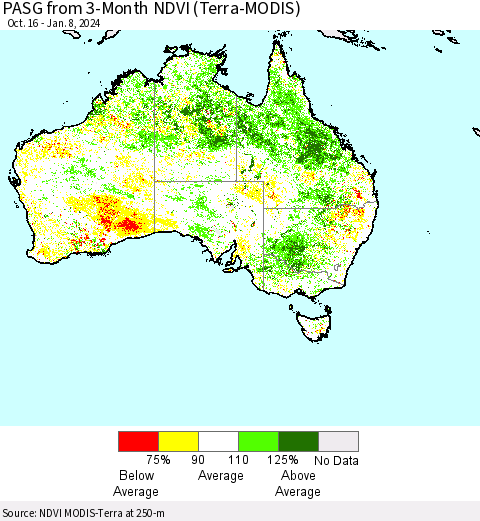 Australia PASG from 3-Month NDVI (Terra-MODIS) Thematic Map For 1/1/2024 - 1/8/2024