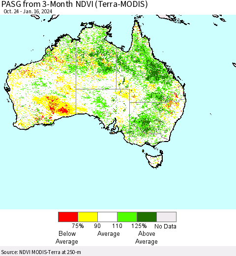 Australia PASG from 3-Month NDVI (Terra-MODIS) Thematic Map For 1/9/2024 - 1/16/2024