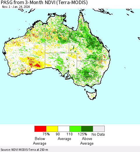 Australia PASG from 3-Month NDVI (Terra-MODIS) Thematic Map For 1/17/2024 - 1/24/2024