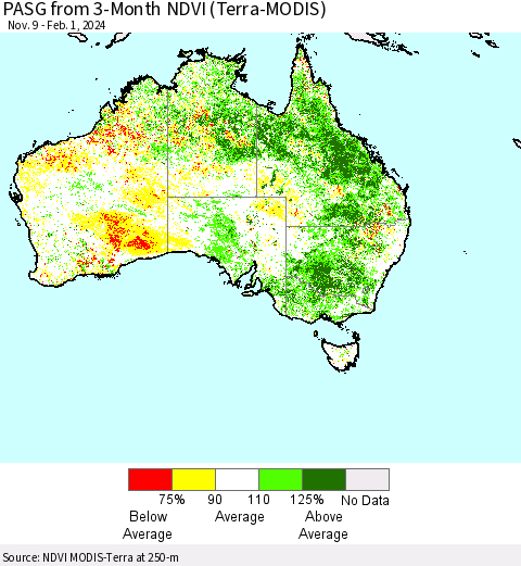 Australia PASG from 3-Month NDVI (Terra-MODIS) Thematic Map For 1/25/2024 - 2/1/2024