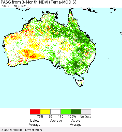 Australia PASG from 3-Month NDVI (Terra-MODIS) Thematic Map For 2/2/2024 - 2/9/2024