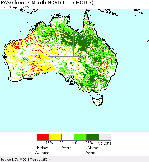 Australia PASG from 3-Month NDVI (Terra-MODIS) Thematic Map For 3/29/2024 - 4/5/2024
