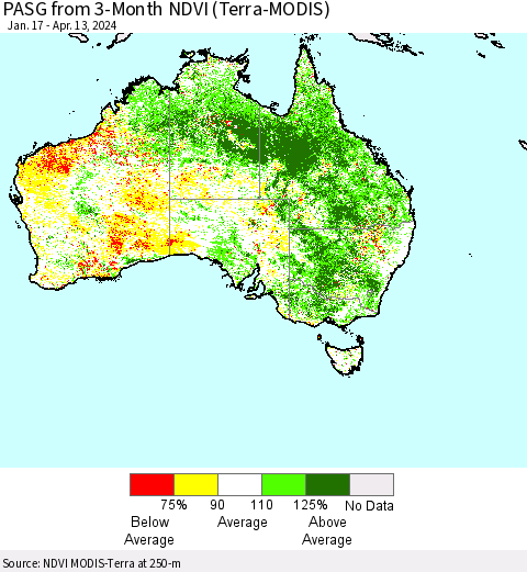 Australia PASG from 3-Month NDVI (Terra-MODIS) Thematic Map For 4/6/2024 - 4/13/2024