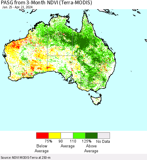 Australia PASG from 3-Month NDVI (Terra-MODIS) Thematic Map For 4/14/2024 - 4/21/2024