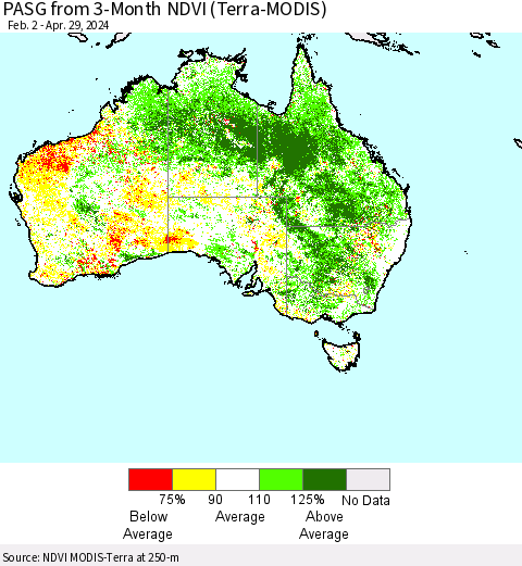 Australia PASG from 3-Month NDVI (Terra-MODIS) Thematic Map For 4/22/2024 - 4/29/2024