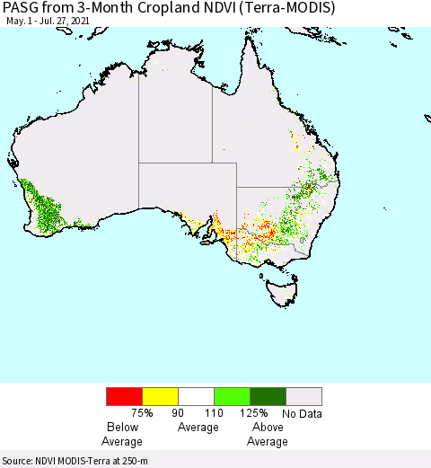 Australia PASG from 3-Month Cropland NDVI (Terra-MODIS) Thematic Map For 7/20/2021 - 7/27/2021