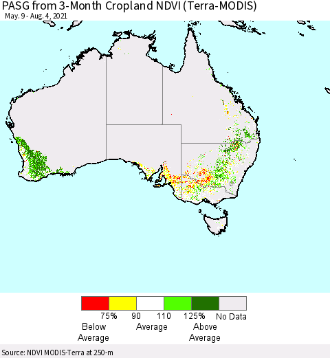 Australia PASG from 3-Month Cropland NDVI (Terra-MODIS) Thematic Map For 7/28/2021 - 8/4/2021